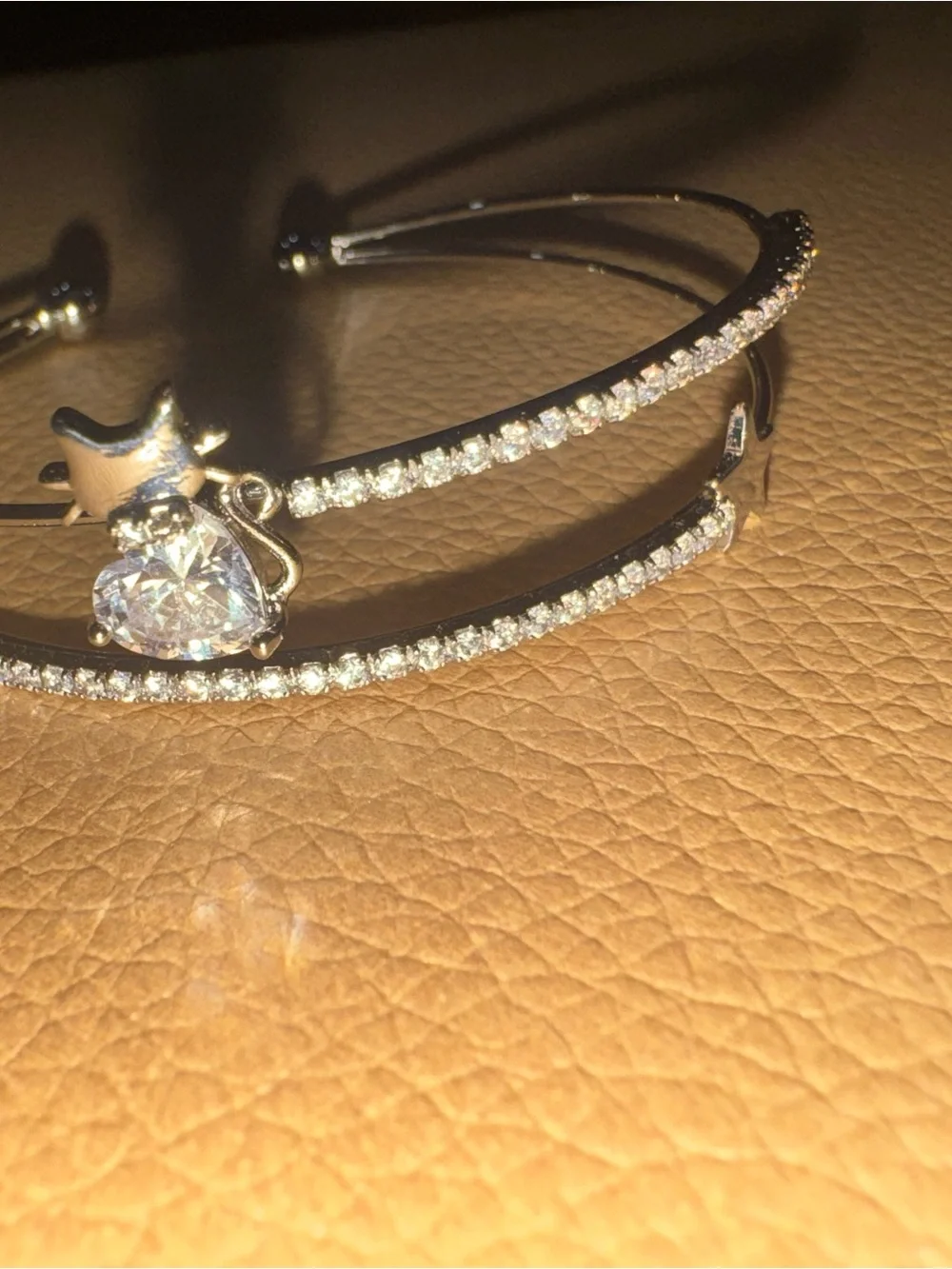 Kids Silver-Tone Heart Accent Double-Band Cuff Bracelet-Cat Crystal